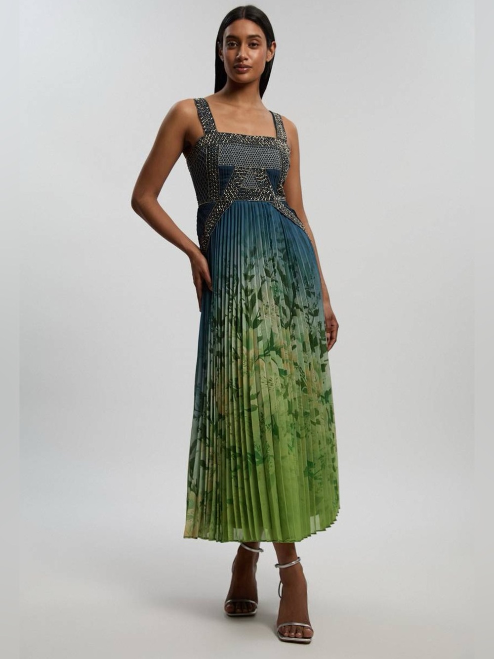 Karen Millen Blue and Green Ombre Pleated Maxi Dress